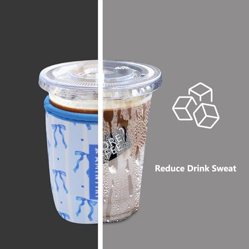 Image of 3 Pack Reusable Sleeve for Iced Coffee Cup, Coffee Neoprene Sleeve for Iced&Hot Drinks, Coffee Sleeve Compatible with Starbucks, Dunkin Coffee Cup. (Blue Bow Charm)