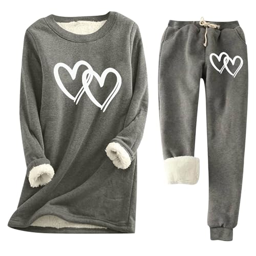 Pijama térmico para mujer, traje de ocio cálido, conjunto de dos piezas, suéter y pantalones de jogging, traje de casa de invierno, chándal de entrenamiento, diseño de latido del corazón, O Gris