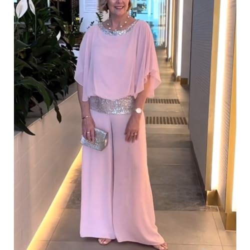 ZOCAVIA Women's Elegant Chiffon 2 Piece Sparkly Sequin Crewneck Batwing Blouses Tops Flowy Wide Leg Pant Wedding Party Outfit2