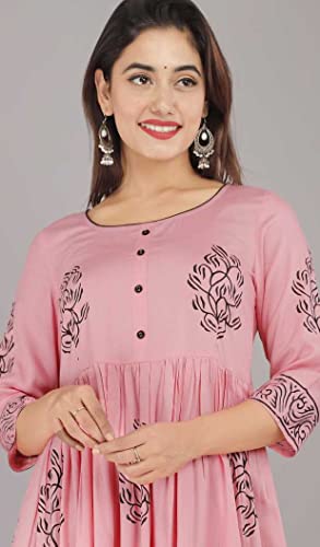 Image of TARANJAL Women's Rayon Anarkali Hand Block Printed Kurti