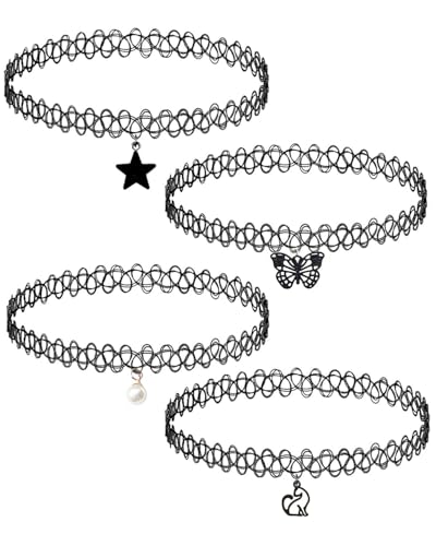 JUKOTA 4 Stück Stretch halsbänder Schwarz Choker Halskette mit Anhänger Damen Elastische Tattoo Halskette für Mädchen Frauen Teen Geschenk Geburtstagsgeschenk