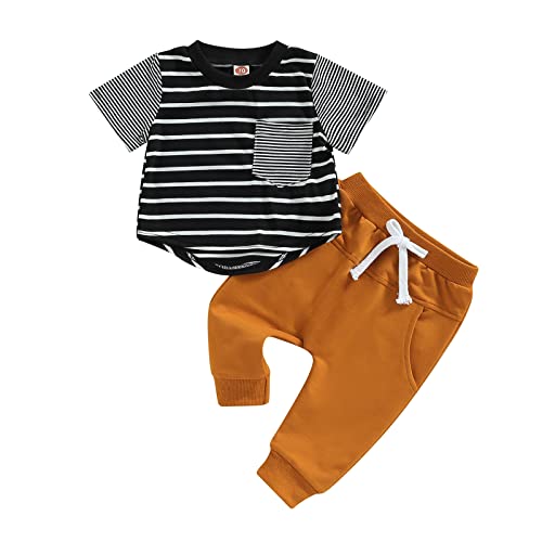 Fsadfeas Baby Boy Valentines Day Outfit Short Sleeve Lover Boy Print T-Shirt Solid Color Jogger Pants Set 2Pcs Summer Clothes (Stripe Black+Caramel,12-18 Months)