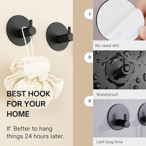 Image of JD FRESH 4 Pcs Self-Adhesive Stainless-Steel Wall Hooks for Hanging /Heavy Duty Waterproof Wal Hangers /Without Drill Sticky Hooks for Kitchen, Bathroom, Door and Office (L-Hook, Black-Round)