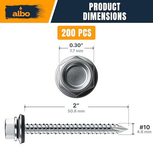 Image of ALBO 200 Pcs #10 x 2 Silver Ruspert-Coated Metal Roof Screws, EPDM Washers | High-Low Threads Help Prevent Loosening, Leak-Resistant Seal, Sharp Point Helps Skip Pilot Holes, Hex Bit Included