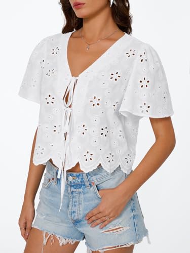 Trendy Queen Womens Tie Front Tops Summer Beach Vacation 2025 Fashion Outfits Loose Fit Blouses Eyelet Embroidered Clothes3