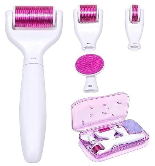 Professional 5-in-1 Derma Roller Kit, Pink and White, 3 Replaceable Heads for Face and Body Treatment, Microneedling Tool with Storage Case for Wrinkles, Stretch Marks, Scars-image-14