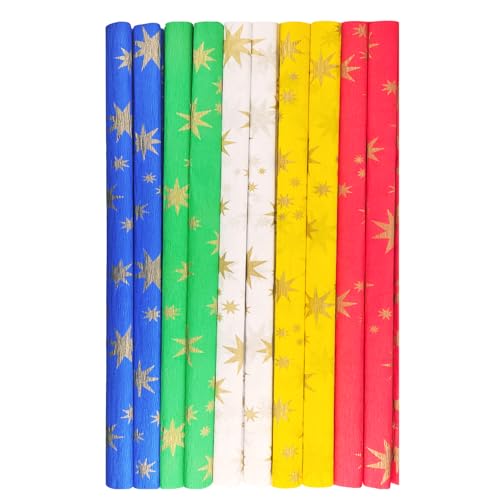 Netuno 10 rollos de papel crepé multicolor 200 x 25 cm, papel para manualidades con motivo de estrella dorada, envoltorios de regalo, decoración navideña, mantel para mesa, proyectos creativos