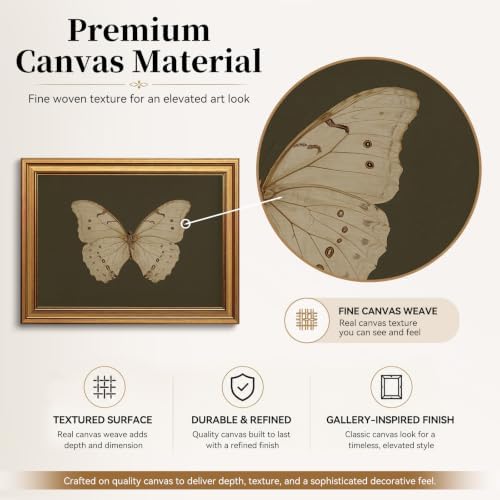 Gold Framed Wall Art Vintage Butterfly Canvas Wall Art White Butterfly Moody Insect Artwork Prints Picture for Living Room Bedroom Farmhouse Bathroom Office Decor, 8x10 - 5