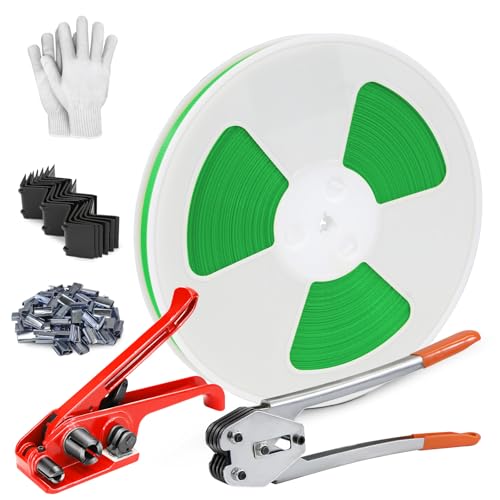 Heavy Duty Banding Strapping kit Contain 1/2" x 3200" Polyester (PET) Packaging Straps &amp; 50 Metal Seals 20 Plastic Edge Protectors Tensioner with Cutter Sealer Tool Glove