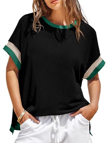 Womens Color Block Oversized Tops Trendy Casual Summer Textured Ribbed Knit T Shirts Loose Fit Short Sleeve Tshirts