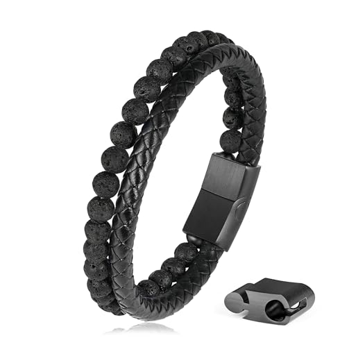 LUXEJEW Gifts for Men - Mens Bracelet, Beaded Leather Bracelets for Men 6mm Tiger Eye Lava Rock Stone Handmade Bracelets Adjustable Stainless Steel Magnetic Clasp Mens Jewelry Gifts