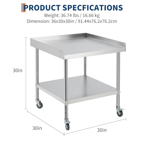 Image of GarveeTech 30x30x30 in Stainless Steel Equipment Grill Stand Table NSF Certified with 5 in Wheels, 400 LBS Capacity, 2 in Edge Baffle, for Hotel, Home, Commercial Restaurant Kitchen