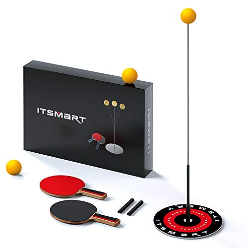 Table Tennis Trainer - 1 Base + 2 Paddles + 3 Balls, Portable Play Alone Ping Pong Set with Elastic Shaft
