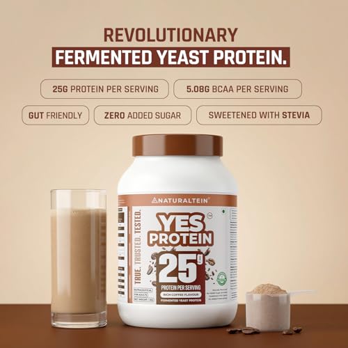 Image of Naturaltein YES Protein 1kg | Fermented Yeast Vegan Protein Powder | Rich Coffee Flavour | 25 g Protein | No Added Sugar | Naturally Sweetened | Digestive Enzymes | Heavy Metal Tested | 28 Servings