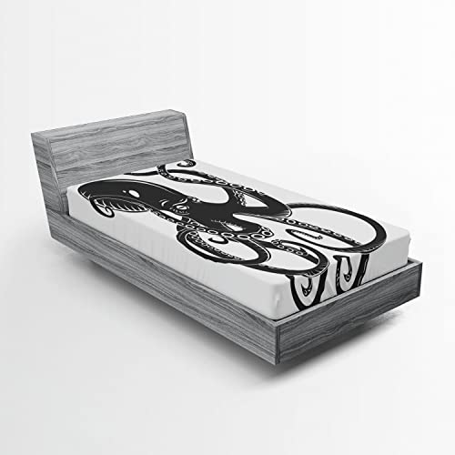 Ambesonne Charcoal Off White 2 Pack Fitted Sheet, Cartoon Octopus in Sea, Bed Cover All-Round Elastic Deep Pockets 2 Pieces, Package Contains 2 Twin Size Fitted Sheets, Charcoal Off White