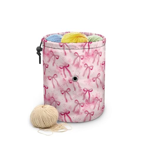 Image of Sellikakes Pink Bow Yarn Organizer Bag Tropical Flower Storage Holder for Crochet Hooks Needles Store Skein Ball Short Knitting Needles