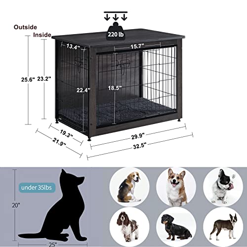 DWANTON Dog Crate Furniture with Cushion, Wooden Kennel Table with Double Doors, Indoor Dog House, Medium Size, 32.5" L, Dark Gray - Image 6