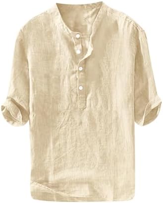Ryannology Mens Linen Shirts Pocketed Henley 3/4 Sleeve Casual Cotton T-Shirt Lightweight Beach Yoga Tunic Tops