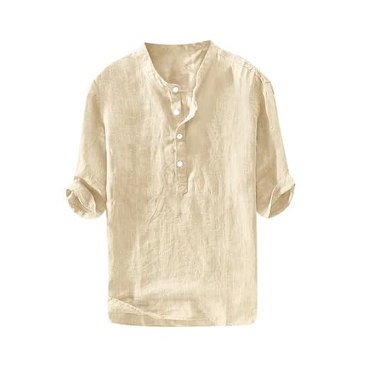Ryannology Mens Linen Shirts Henley 3/4 Sleeve Casual Cotton T-Shirt Regular-Fit Lightweight Beach Yoga Tunic Tops