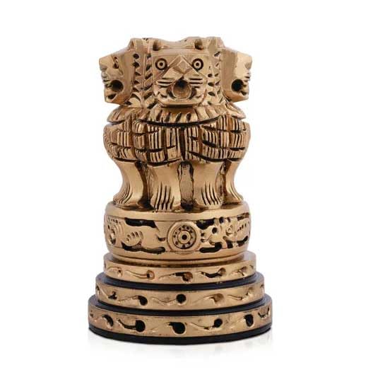 Eternals Ashoka Pillar Sculpture | Wooden Statue | Brass Polish Ashok Head Idol For Home Decor (5 X 3 Inches).
