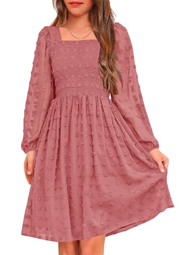HOSIKA Girls Long Sleeve Dress Swiss Dot Square Neck Smocked Fall Dresses with Pockets 6-12 Years