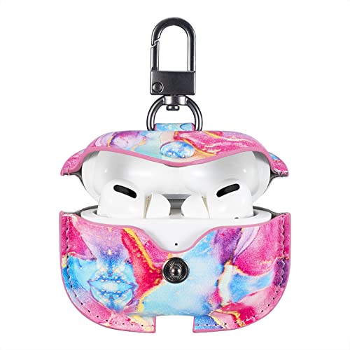 Image of Genuine Leather Case Compatible with AirPods Pro 3rd Gen (2025), VOMA Protective Cover for Apple AirPods Pro 3 Wireless Charging Case with Keychain and Snap Lock Colorful Marble