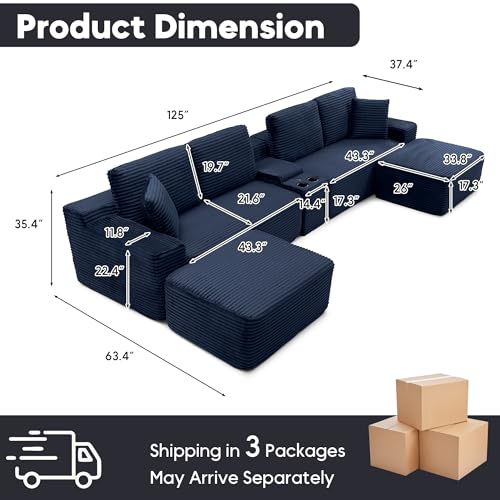 Image of 125 Inch Modular Sectional Sofa, Modern Oversized Corduroy Cloud Couch with 2 Ottomans, Cup Holders and USB Ports, U Shape Couch Boneless Couches for Living Room, No Assembly Required, Blue