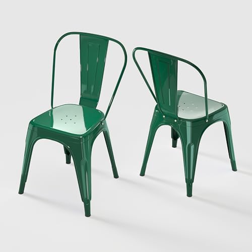 Image of Metal Dining Chairs with Backrest, Stackable, Green, 2 Pack | Easy Assembly, Non-Slip Feet, 330 lb Capacity, Kitchen, Restaurant, Cafe, Pub, Covered Patio