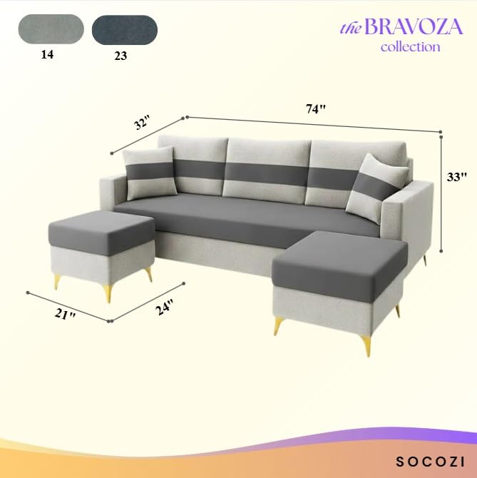 Image of SOCOZI Bastian 5 Seater L Shape Sofa Set with 2 Movable Ottomans | Flexible Layout| Soft Velvet Suede Fabric|Modern Sofa | Plush Comfort Cushions for Living Room (Light Grey-Dark Grey)