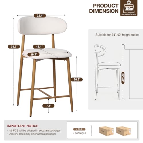 Image of AQO Counter Height Bar Stools Set of 4, Upholstered Counter Stools Modern Barstools with Metal Legs for Kitchen Island Dining Room, Beige