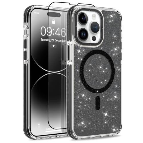 Image of Magnetic Case for iPhone 14 Pro Max [Compatible with Magsafe] [Bling Glitter Fluorescent Design] [1 Screen Protector] Slim Translucent Matte Case for iPhone 14 Pro Max 6.7 inch 2022, Black