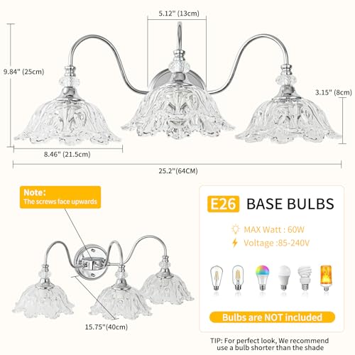 Image of Brushed Chrome 3-Light Bathroom Vanity Light with Floral Clear Glass Shades, Modern Wall Mount Lighting for Bathroom, Dressing Table