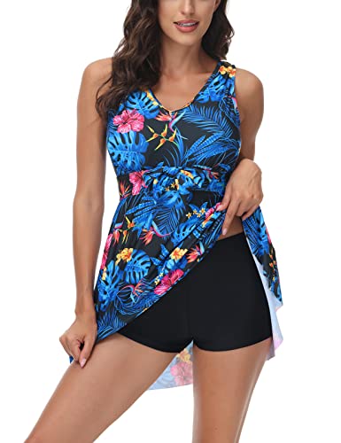 Kate Kasin Two Piece Swimsuits for Women Tummy Control Back Cross Flowy Swimdress Bathing Suits with Boyshorts Swimwear Black Floral