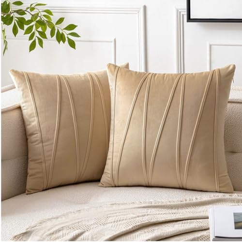 Image of Amazon Brand - UmI. Decorative Striped Throw Pillow Covers 16 X 16 Inch,Soft Solid Velvet Pillow Covers Cushion Case With Zigzag Pattern For Sofa Bedroom 40 X 40 Cm (Pack Of 2) Beige, 150 Tc