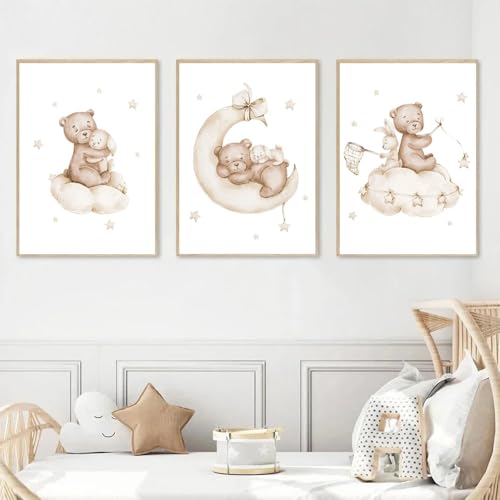 3 Affiche Ours Chambre Bebe 30X40CM Poster Lapin Enfant Nuage Tableau Decoration Murale Bebe Garcon Toile Murale Enfant Garcon Affiche Chambre Bébé Beige...