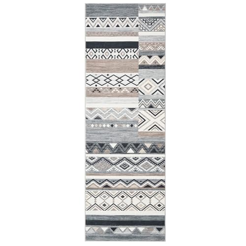 2x6 Washable Runner Rugs for Living Room, Tribal Geometric Distressed Vintage Area Rug for Bedroom Patchwork Office Carpet, Soft Low Pile Neutral Rug Non Slip, Grey