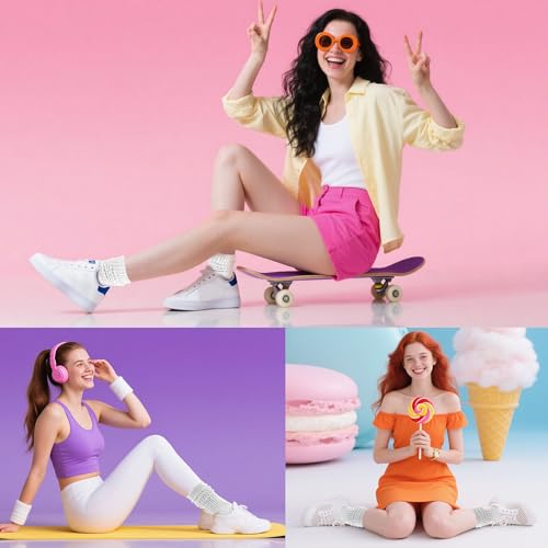 Slouchy Socks for Women, Lightweight White Scrunch Socks, Soft Mid Calf Rib Scrunch Crew Tube Sock, Size 9-11, Retro Style4