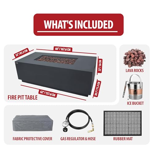 Image of AMS Fireplace Genuine Concrete Rectangular Propane Fire Pit Table for Outside Patio (66 inch Sedona) | Hidden Tank Drawer & Electronic Ignition | w /Bonus Ice Bucket and Rubber Mat (Dark Gray)