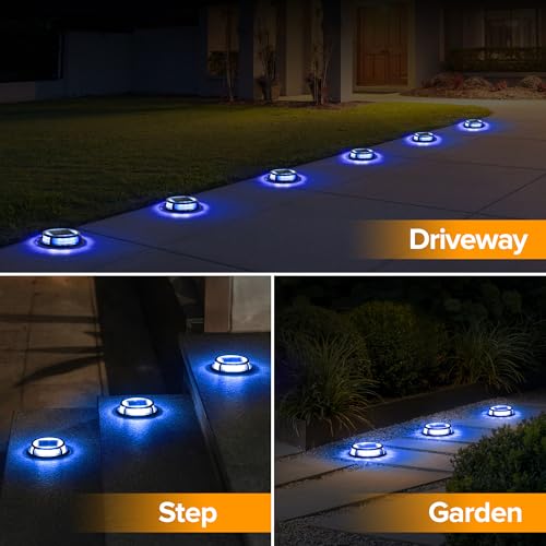 Image of LUTEC 2 Pack Solar Deck Lights Driveway Dock 12 LEDs Light Solar Powered Outdoor Waterproof Road Markers for Step Sidewalk Stair Garden Ground Pathway Yard (Blue)