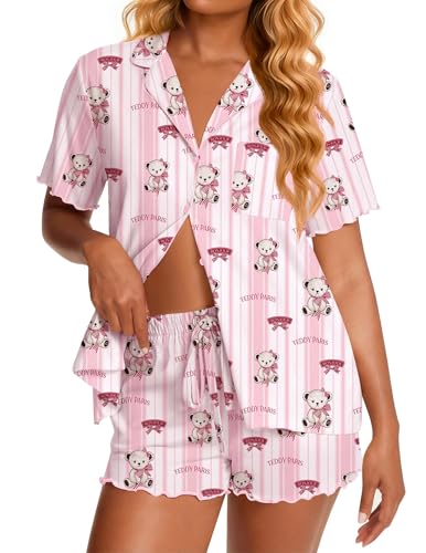 Image of Ekouaer Viscose from Bamboo Women Pajama Sets Button Up Cooling Pjs Short Sleeve Ruffle Sleepwear 2 Piece Lounge Shorts Set
