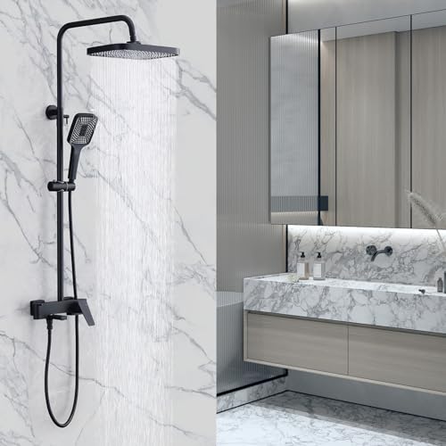 CHALIRS Shower Systems with 12 x8 Inches Rain Shower Head, Matte Black Exposed Pipe Shower System...