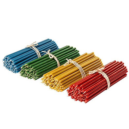 Diveevo Kirchliche Bienenwachskerzen â140-200 Stk. 4 Farben I Gebet Rituale Tischdeko L-16 cm Ã-5,0 mm I 30 Min Brenndauer in Gelb Rot Grün Blau I Nachhaltig, tropf- und rauchfrei