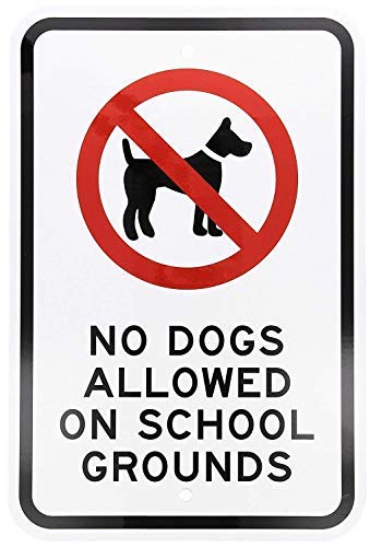 aqf527907 Legend No Dogs Allowed on School Grounds with Graphic, Sign Metal Funny Warning Signs for House Decor 8x12 Inches Black/Red on White
