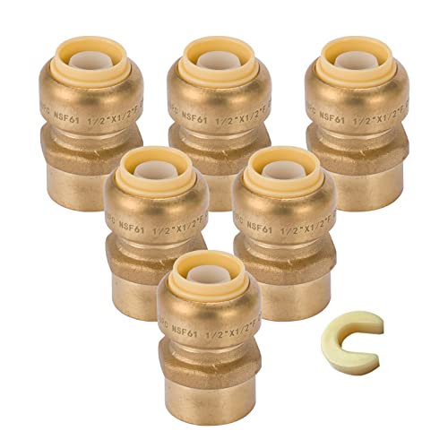 GUOFIS 6 Pack Female Adapter,3/4 Inch Push Brass Female Adapter Fitting with Disconnect Clip, Push-to-Connect Plumbing Fittings for Copper, PEX Pipe, CPVC(PF160-6Pack)