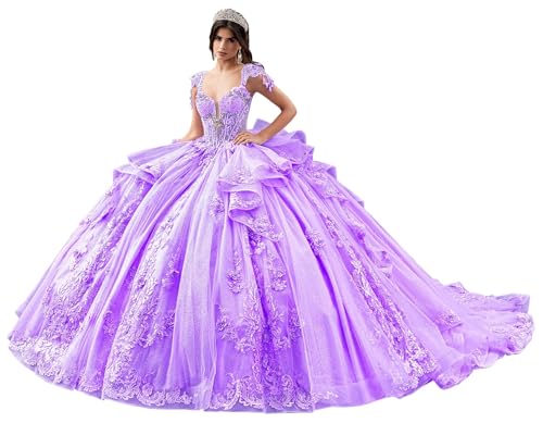 Lace Appliques Quinceanera Dresses Glitter Beaded Ball Gown Sparkly Puffy Tulle Quince Dresses with Removable Straps