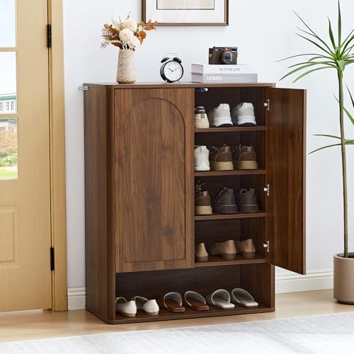 PHOYAL Shoe Cabinet, 5 Tier Wooden Shoe Storage Organizer Cabinet with Adjustable Shelves, Shoes Rack Accent Cabinet for Entryway Hallway Living Room, Walnut