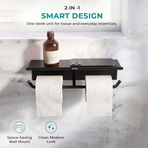 Image of Plantex Dual Toilet Paper Holder for Bathroom /GI Steel Tissue Paper Roll Holder with Mobile Stand /Toilet Paper Roll Holder /Bathroom Accessories - (Black)
