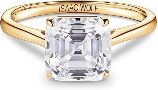 ISAAC WOLF Certified 10k Solid Gold 5 CT Asscher Cut Moissanite Solitaire Bridal Ring (White Gold, 6)