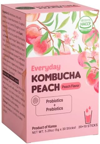 UNHA'S ASIAN SNACK BOX Tea Garden Kombucha Tea Powder Peach Flavor, 5g x 20 Sticks Probiotics, Prebiotics, Fat Free, Sugar Free, Diet Tea, Healthy Drink with Bottle (FREE BOTTLE SHAKER)