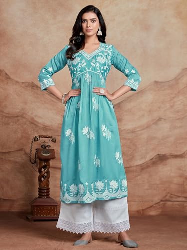Image of EthnicJunction Women's Silk Blend Regular Fit Chikankari Embroidered Naira Cut Kurta